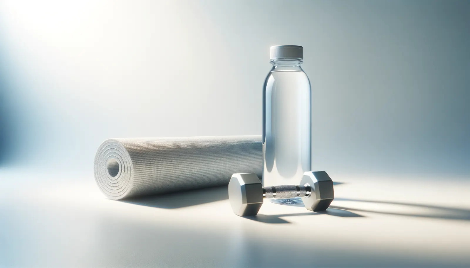 Water bottle, rolled exercise mat and dumbbell